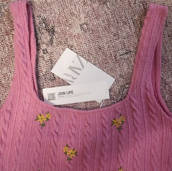 ZARA Floral Embroidery Cable Knit Mini Tank Dress - Picture 5 of 9